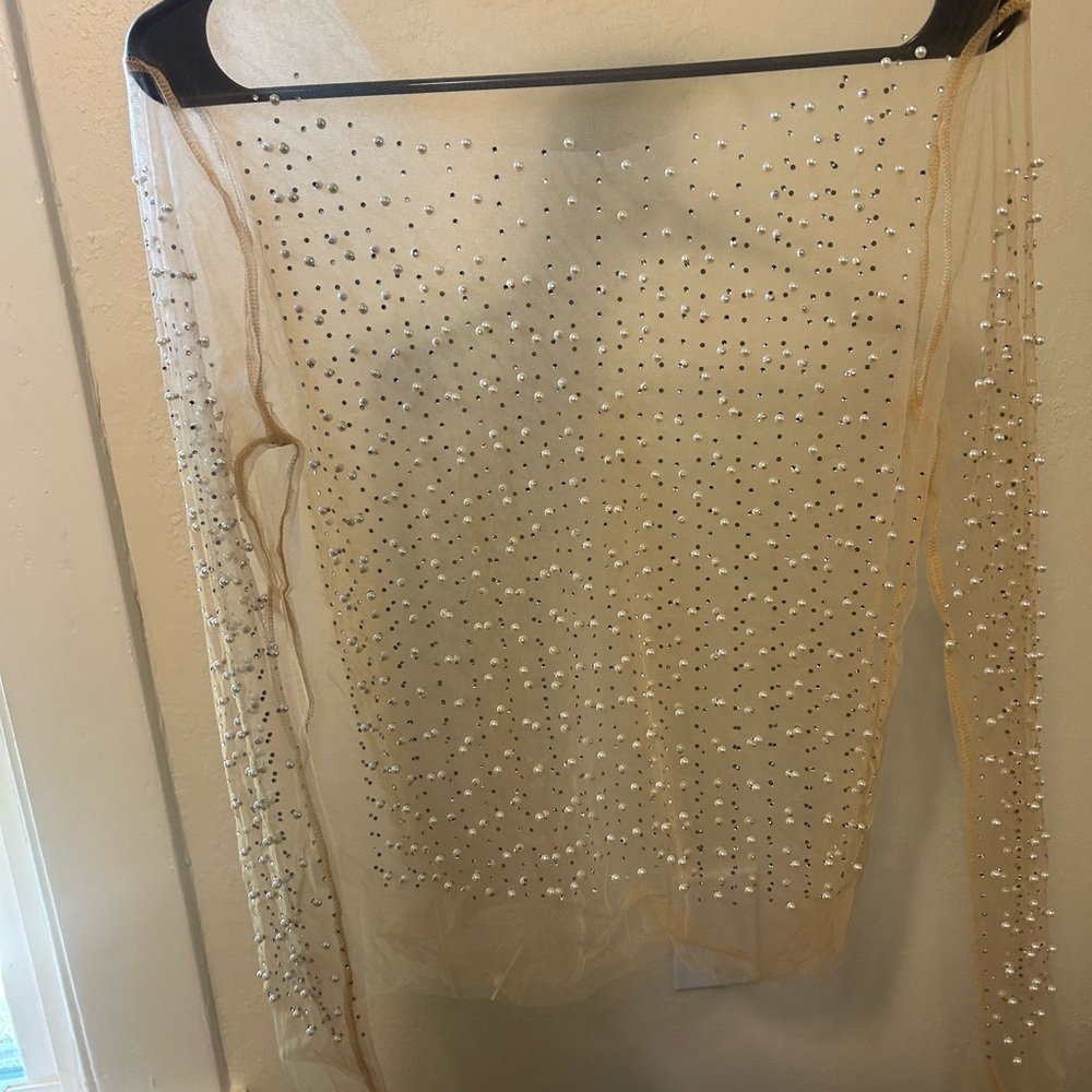 Sheer Tan Top with Rhinestone Embellishments